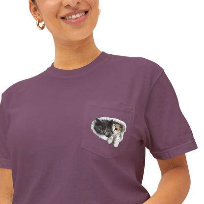 Cute 3D Cats in Pocket T-Shirt - Unisex Garment-Dyed Pocket Tee