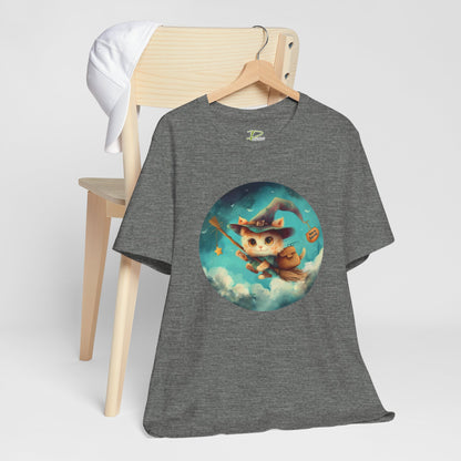 Charming Cat on Witch - Magician Stick T-shirt - Lightweight Fabric Tee