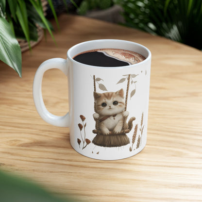 Ceramic Mug, Lovely and Playful Cat on Broomstick, (11oz, 15oz)