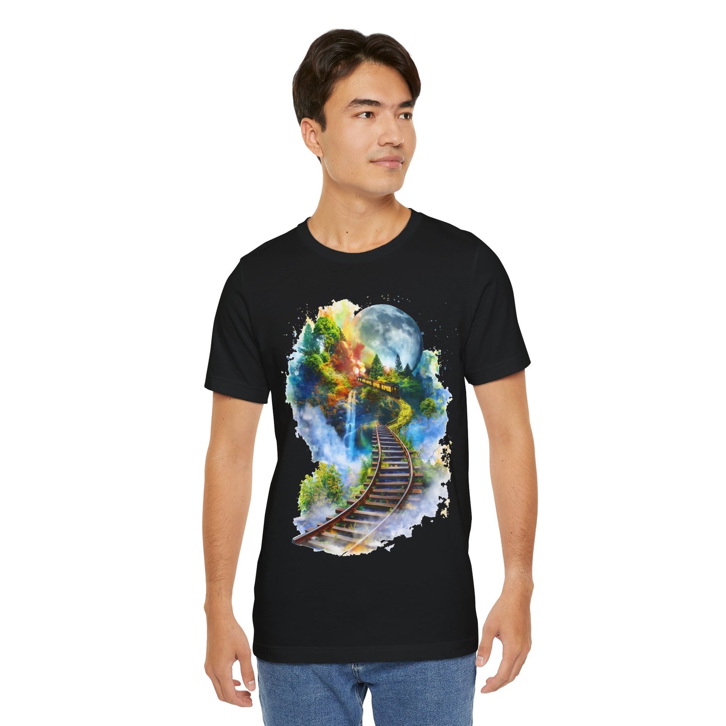 Unisex T-Shirt with 3D Watercolor Train Tracks and Enchanted Forest Design - Lightweight Fabric Tee