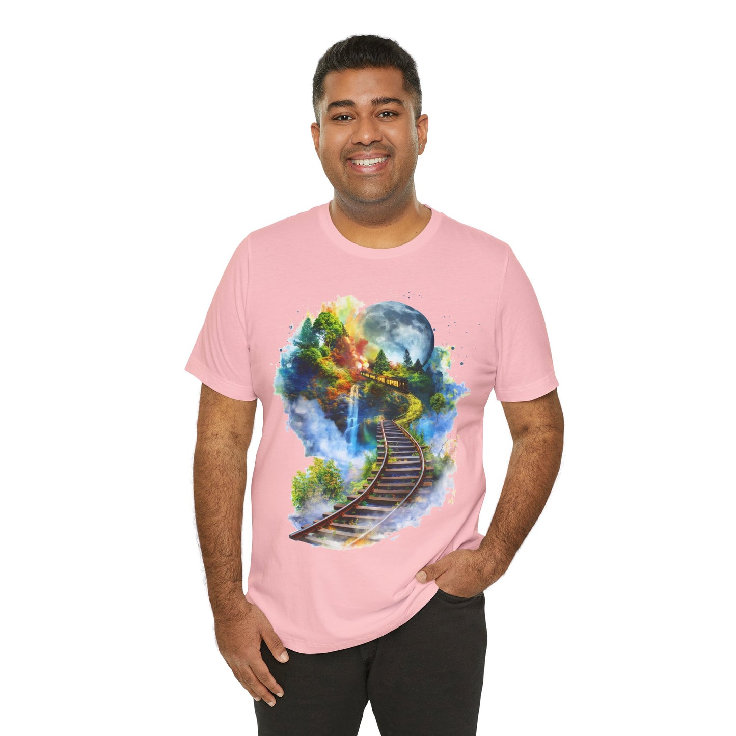 Unisex T-Shirt with 3D Watercolor Train Tracks and Enchanted Forest Design - Lightweight Fabric Tee