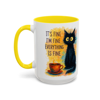 Whimsical Cat Accent Coffee Mug - 'It's Fine, I'm Fine, Everything is Fine'