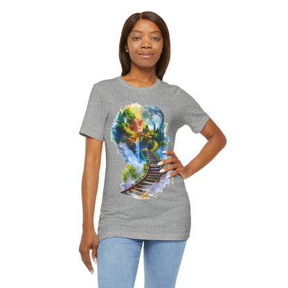 Unisex T-Shirt with 3D Watercolor Train Tracks and Enchanted Forest Design - Lightweight Fabric Tee