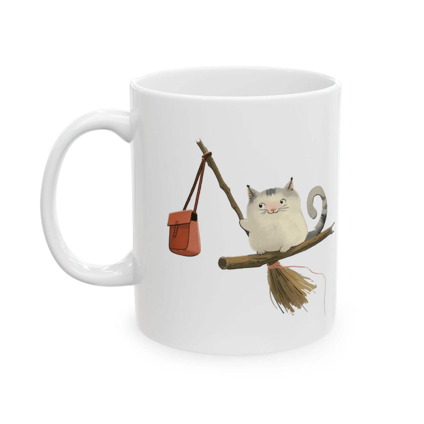 Ceramic Mug - Cute cartoon of a Cat on a witch stick, (11oz, 15oz)