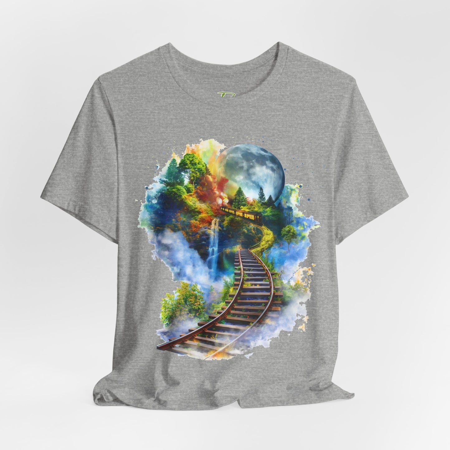 Unisex T-Shirt with 3D Watercolor Train Tracks and Enchanted Forest Design - Lightweight Fabric Tee