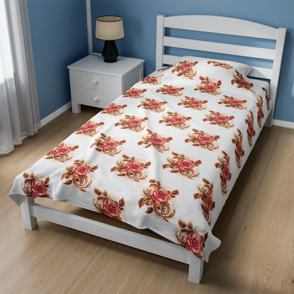 Velveteen Plush Blanket with beautiful grid design of pink roses surrounded by swirling leaves
