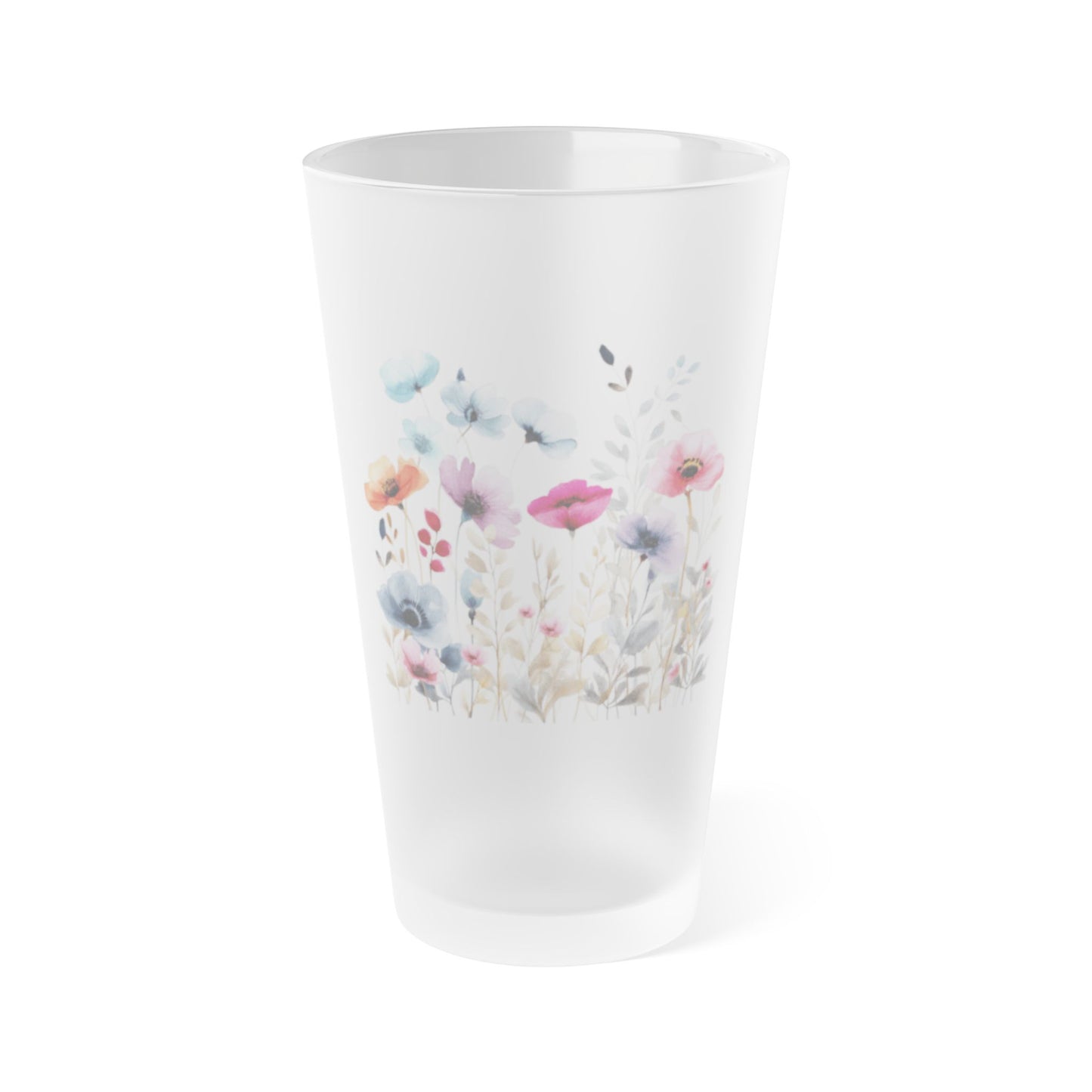 Frosted Pint Glass, Watercolor Flowers, 16oz