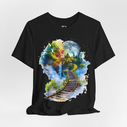 Unisex T-Shirt with 3D Watercolor Train Tracks and Enchanted Forest Design - Lightweight Fabric Tee