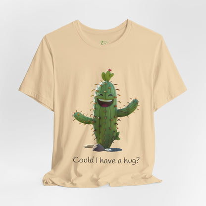 Light Colorful Smiling Cactus Plant T-shirt -  'Could I Have a Hug?' - Lightweight Fabric Tee