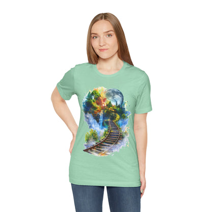 Unisex T-Shirt with 3D Watercolor Train Tracks and Enchanted Forest Design - Lightweight Fabric Tee