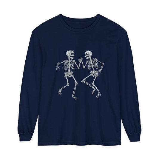 Halloween Tee - Unisex Garment-dyed Long Sleeve T-Shirt with Dancing skeletons