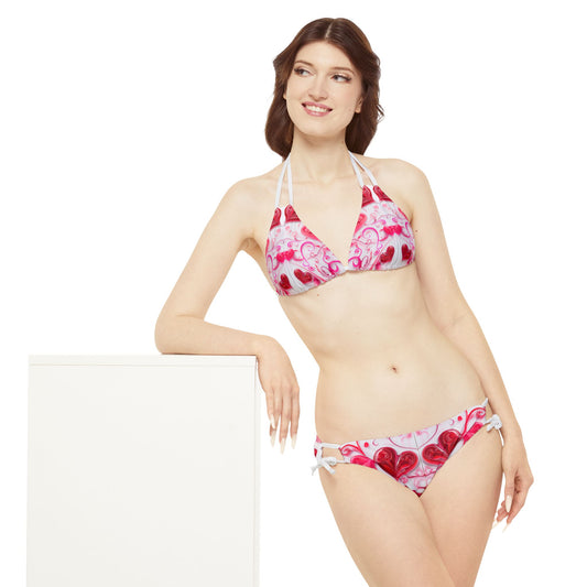Strappy Bikini Set - Red Heart Design Bikini Set