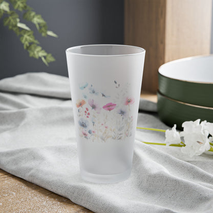 Frosted Pint Glass, Watercolor Flowers, 16oz