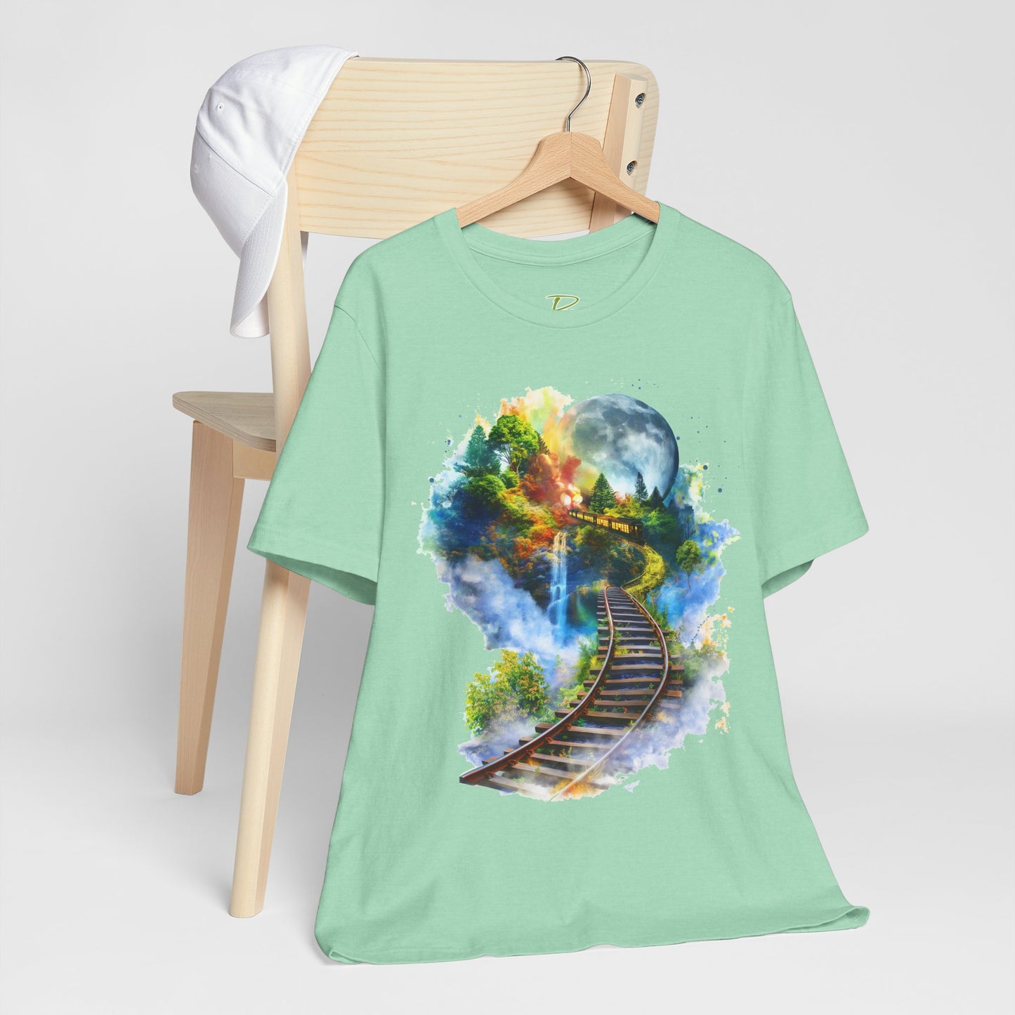 Unisex T-Shirt with 3D Watercolor Train Tracks and Enchanted Forest Design - Lightweight Fabric Tee