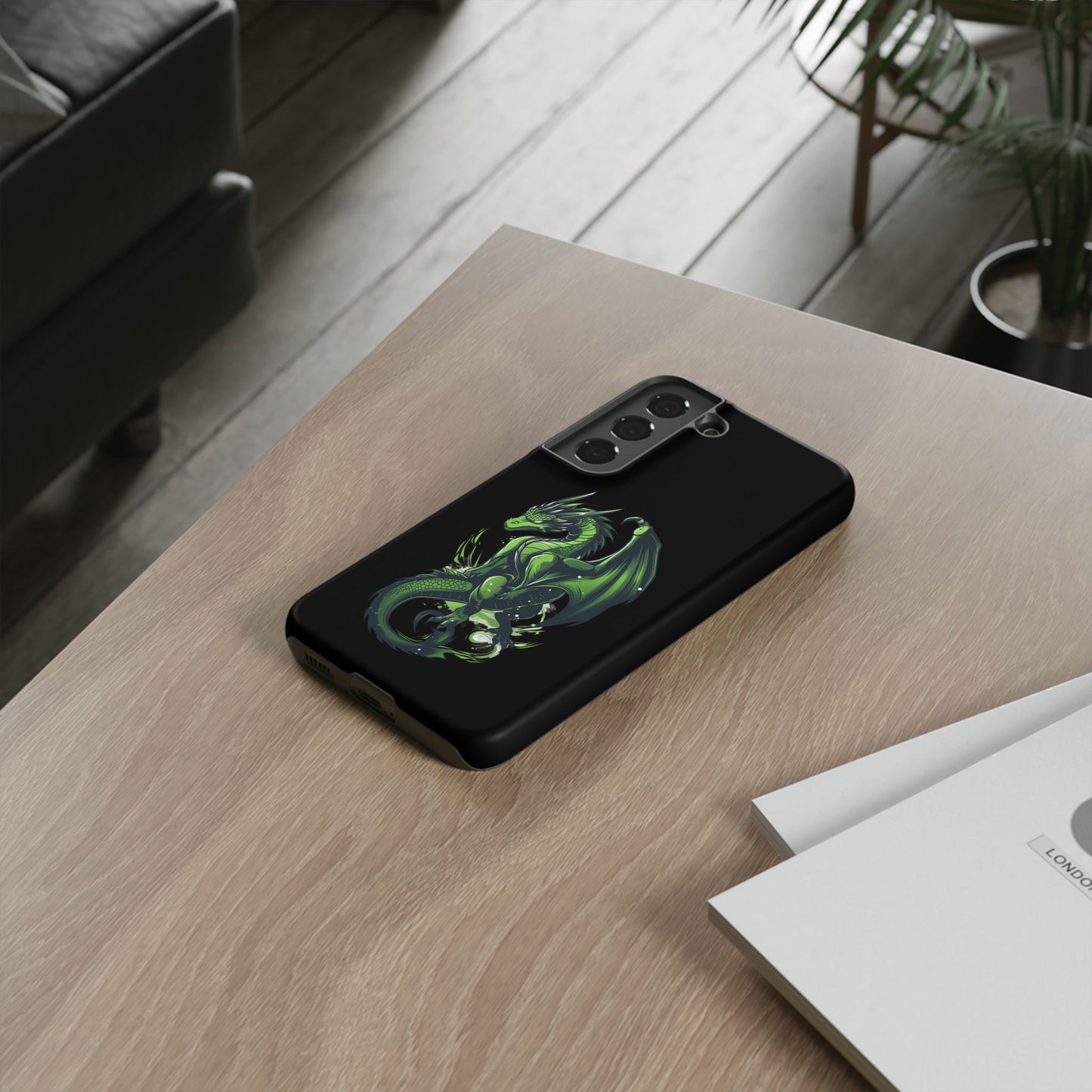 Tough Cases with Green Glowing Dragon design for iPhone, Samsung, and Google