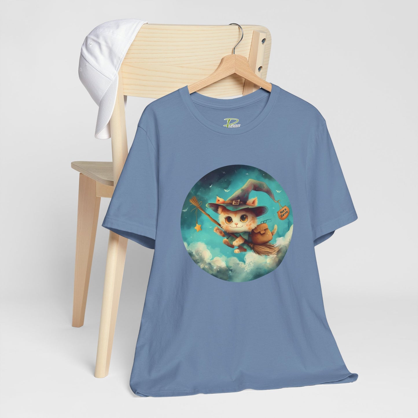 Charming Cat on Witch - Magician Stick T-shirt - Lightweight Fabric Tee