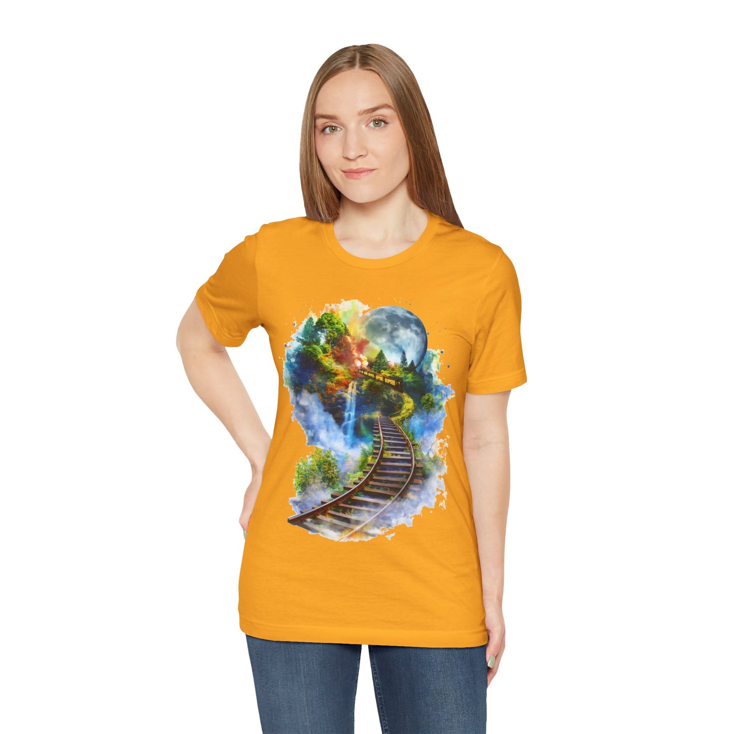 Unisex T-Shirt with 3D Watercolor Train Tracks and Enchanted Forest Design - Lightweight Fabric Tee