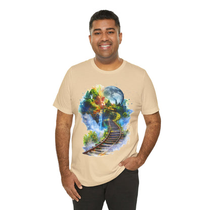 Unisex T-Shirt with 3D Watercolor Train Tracks and Enchanted Forest Design - Lightweight Fabric Tee