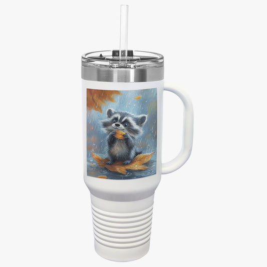 Insulated Travel Mug, 40oz - Rainy Day Raccoon Insulated Mug - Vibrant 3D Watercolor Raccoon Design Travel Mug