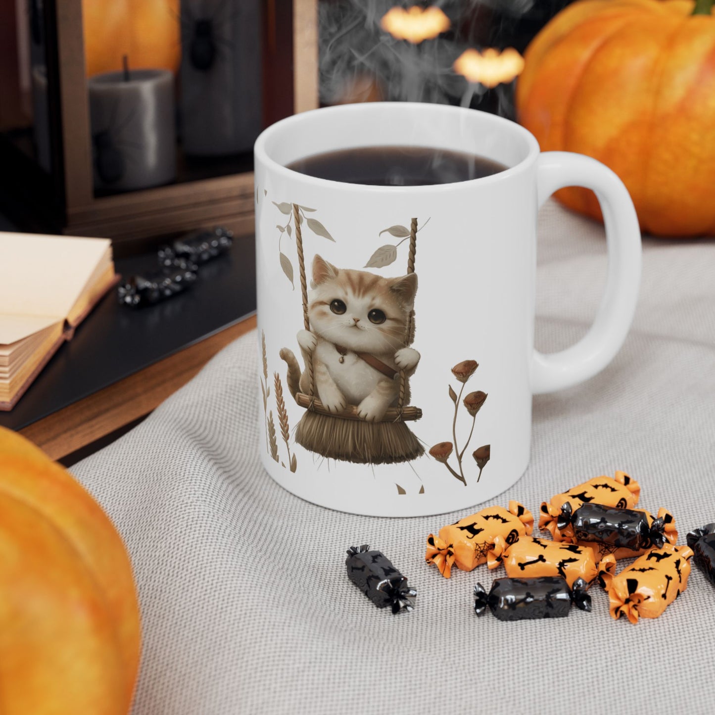 Ceramic Mug, Lovely and Playful Cat on Broomstick, (11oz, 15oz)