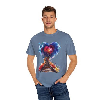 Unisex Garment-Dyed T-shirt - Journey of Heart - Train Tracks Coming out from Heart