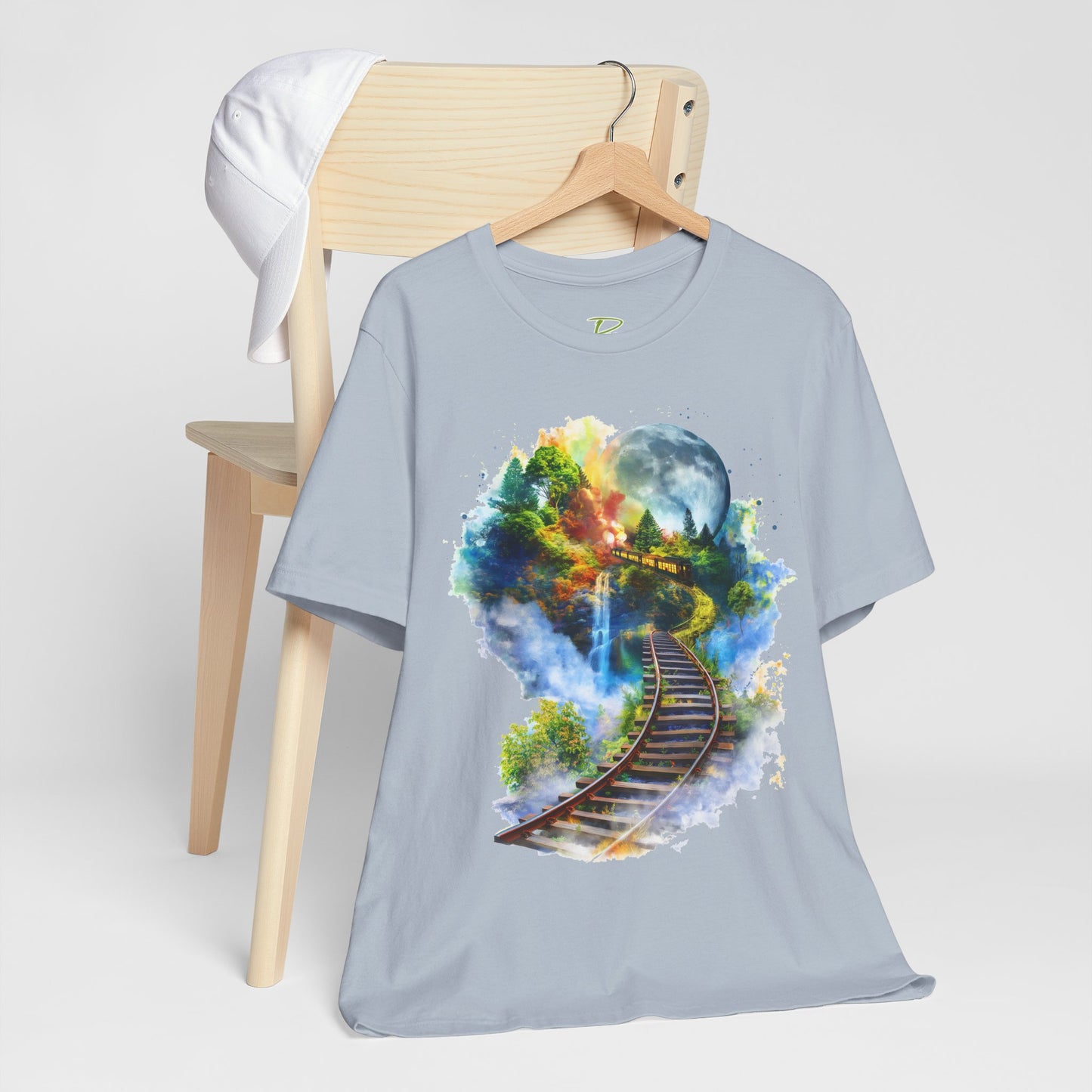 Unisex T-Shirt with 3D Watercolor Train Tracks and Enchanted Forest Design - Lightweight Fabric Tee