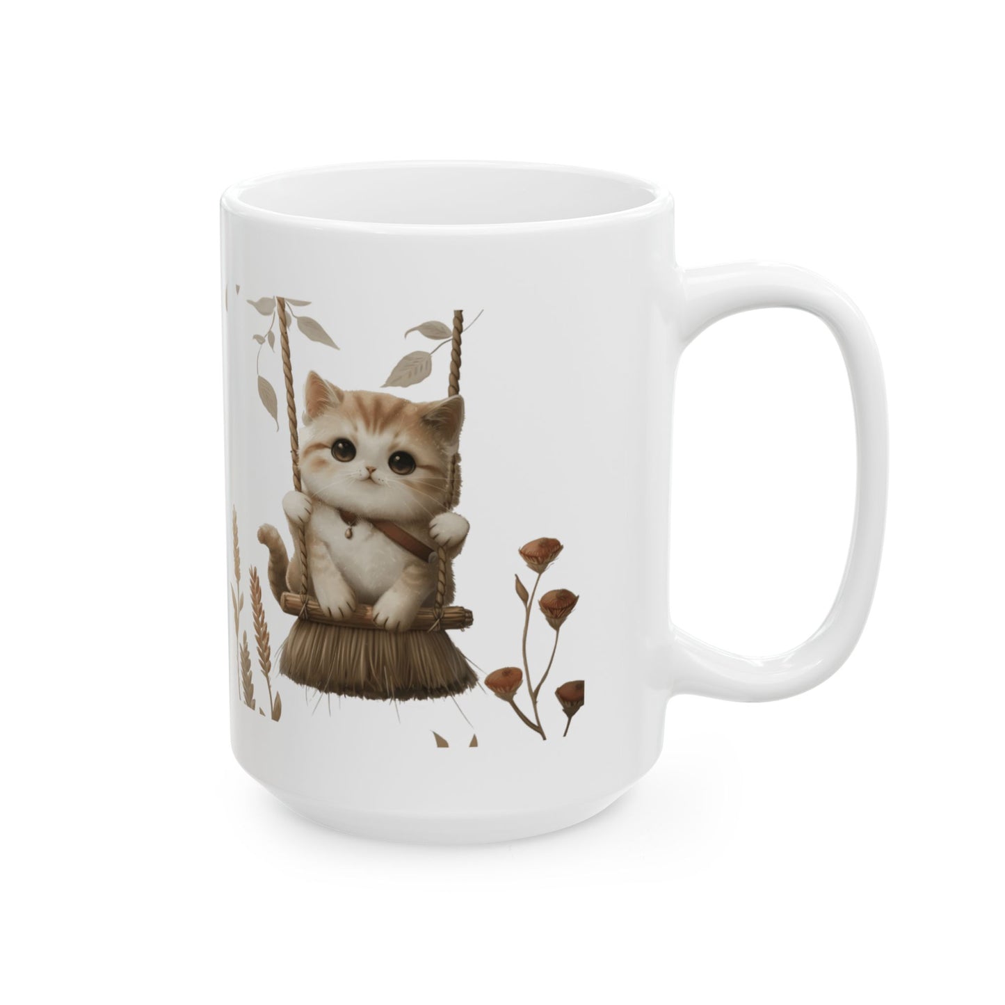 Ceramic Mug, Lovely and Playful Cat on Broomstick, (11oz, 15oz)