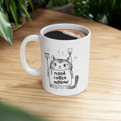 Ceramic Mug, (11oz, 15oz) - "I Need Coffee Meeow" Design with Cartoon Cat Mug