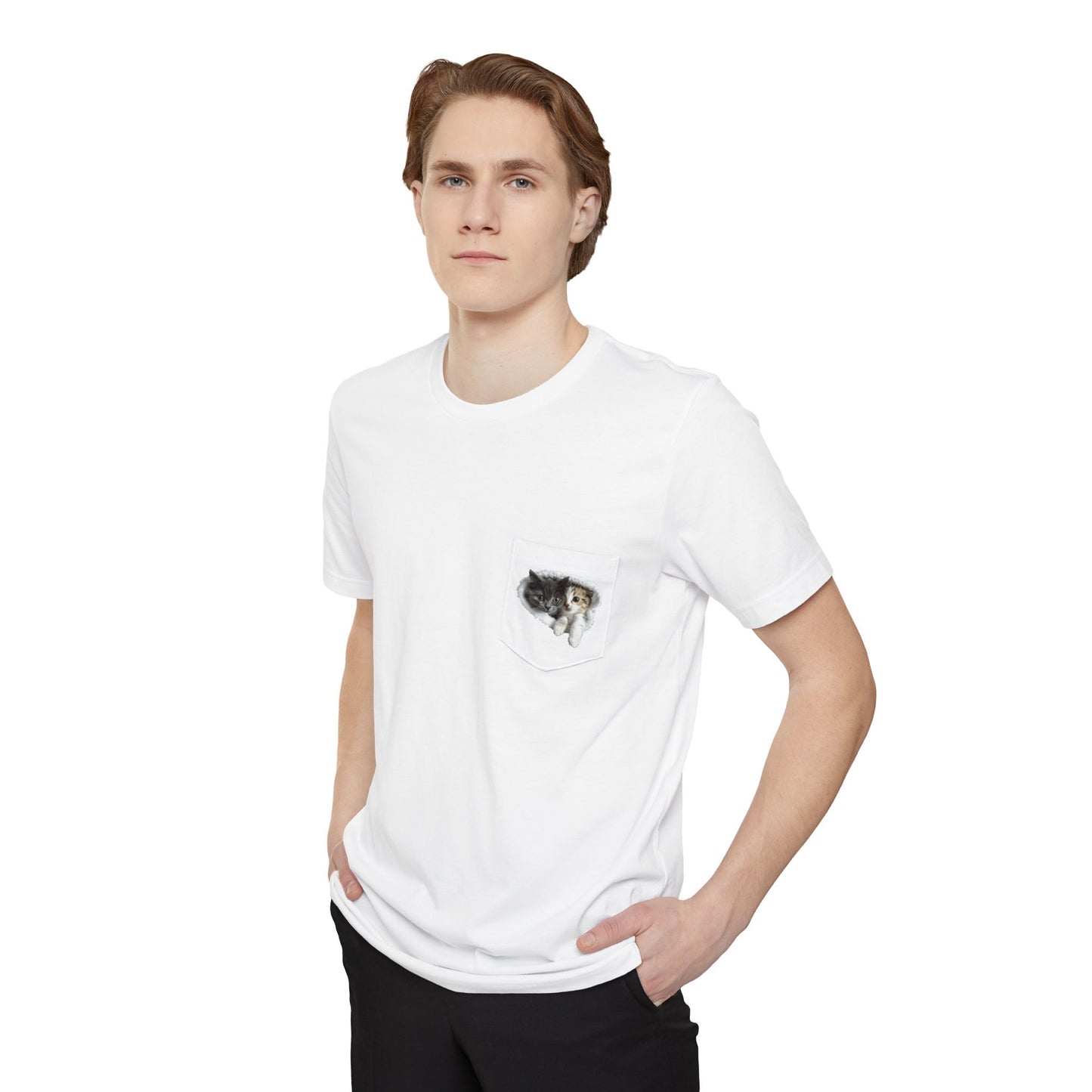 Cute 3D Cats in Unisex Pocket T-Shirt (White, Black, and Navy)