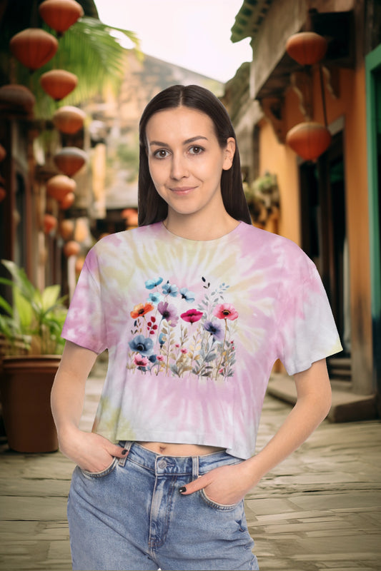 Watercolor Floral Tie-Dye Crop Tee for women