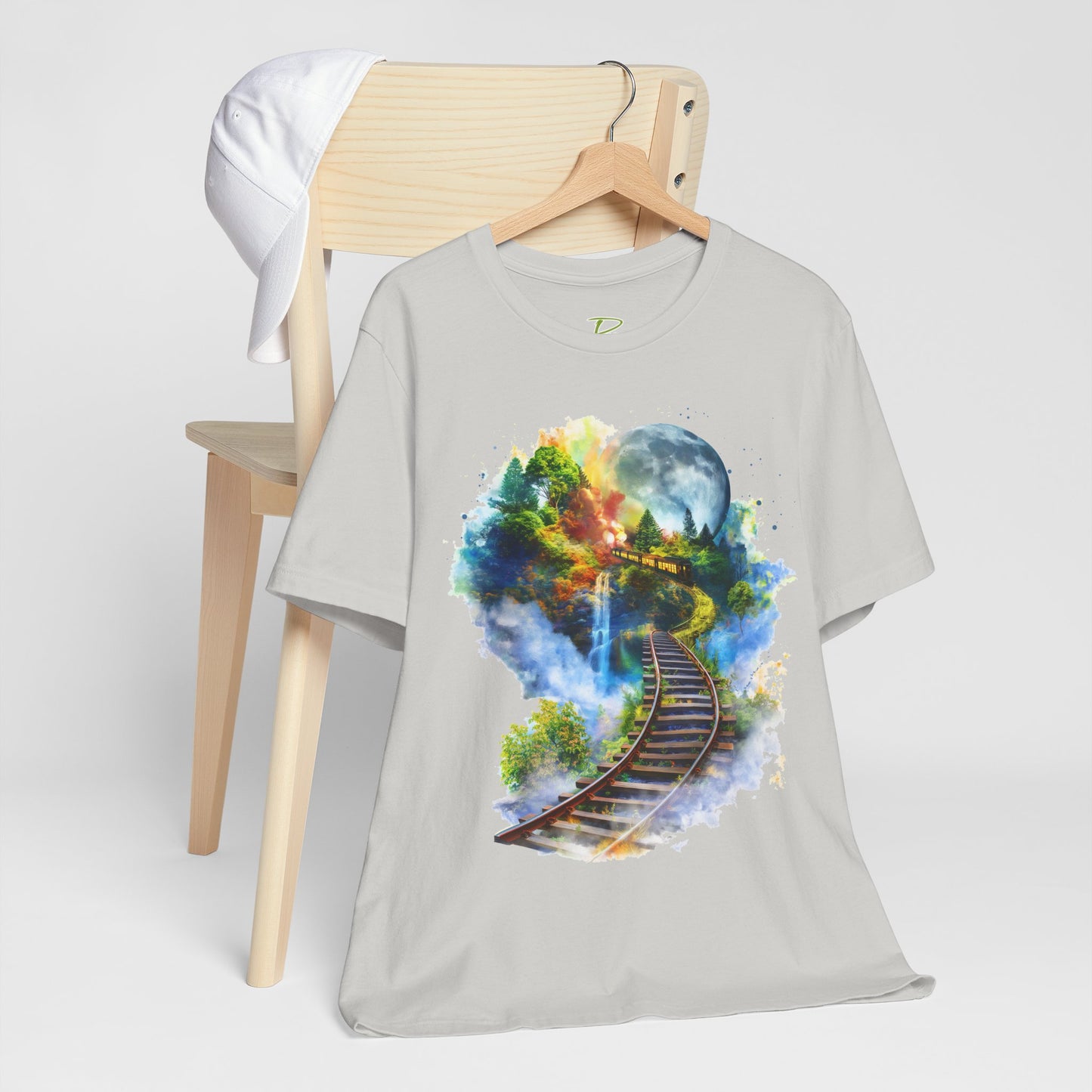 Unisex T-Shirt with 3D Watercolor Train Tracks and Enchanted Forest Design - Lightweight Fabric Tee