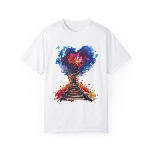 Unisex Garment-Dyed T-shirt - Journey of Heart - Train Tracks Coming out from Heart