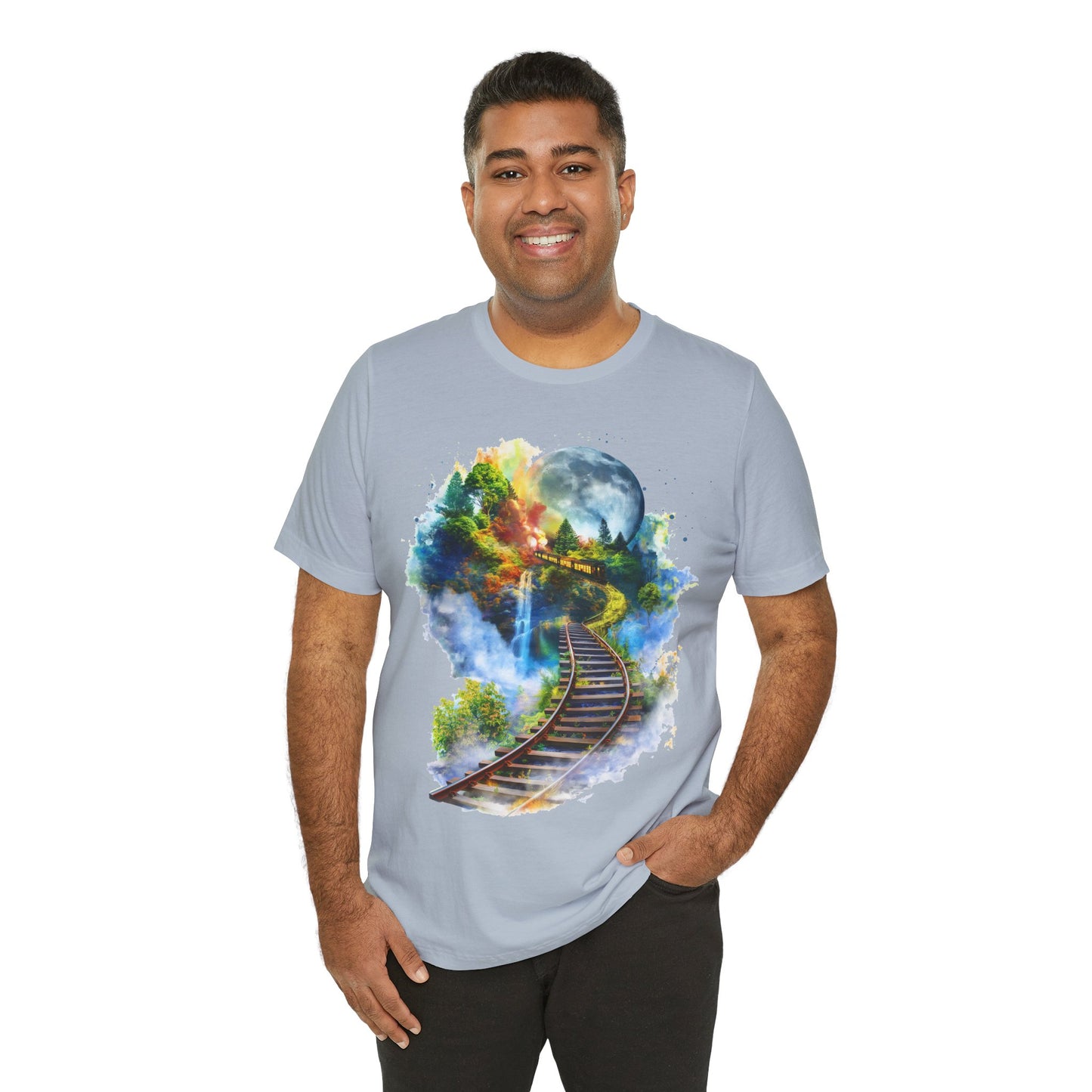 Unisex T-Shirt with 3D Watercolor Train Tracks and Enchanted Forest Design - Lightweight Fabric Tee