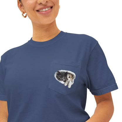 Cute 3D Cats in Pocket T-Shirt - Unisex Garment-Dyed Pocket Tee
