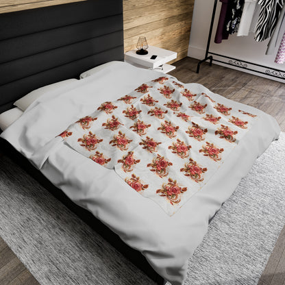Velveteen Plush Blanket with beautiful grid design of pink roses surrounded by swirling leaves