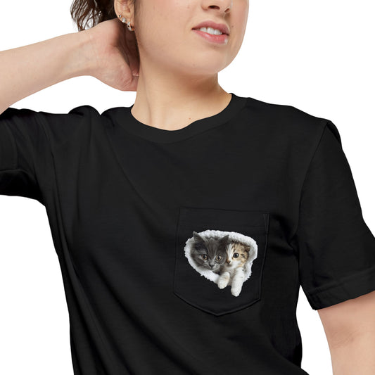 Cute 3D Cats in Unisex Pocket T-Shirt (White, Black, and Navy)