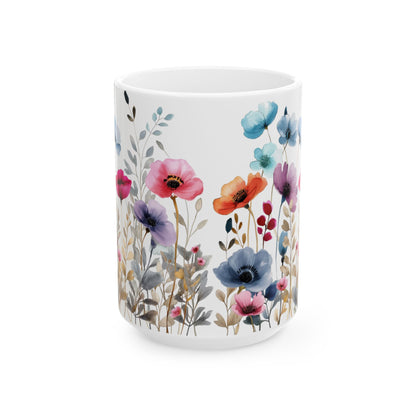 Ceramic Mug with beautiful watercolor flowers, (11oz, 15oz)