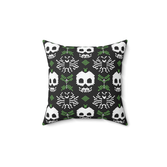 Black Halloween Pillow - Spun Polyester Square Pillow with Skulls and Spiders Design