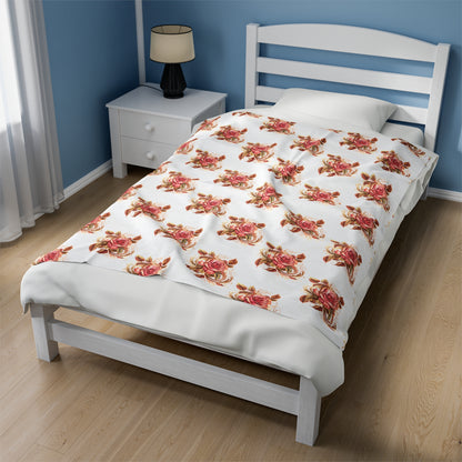 Velveteen Plush Blanket with beautiful grid design of pink roses surrounded by swirling leaves