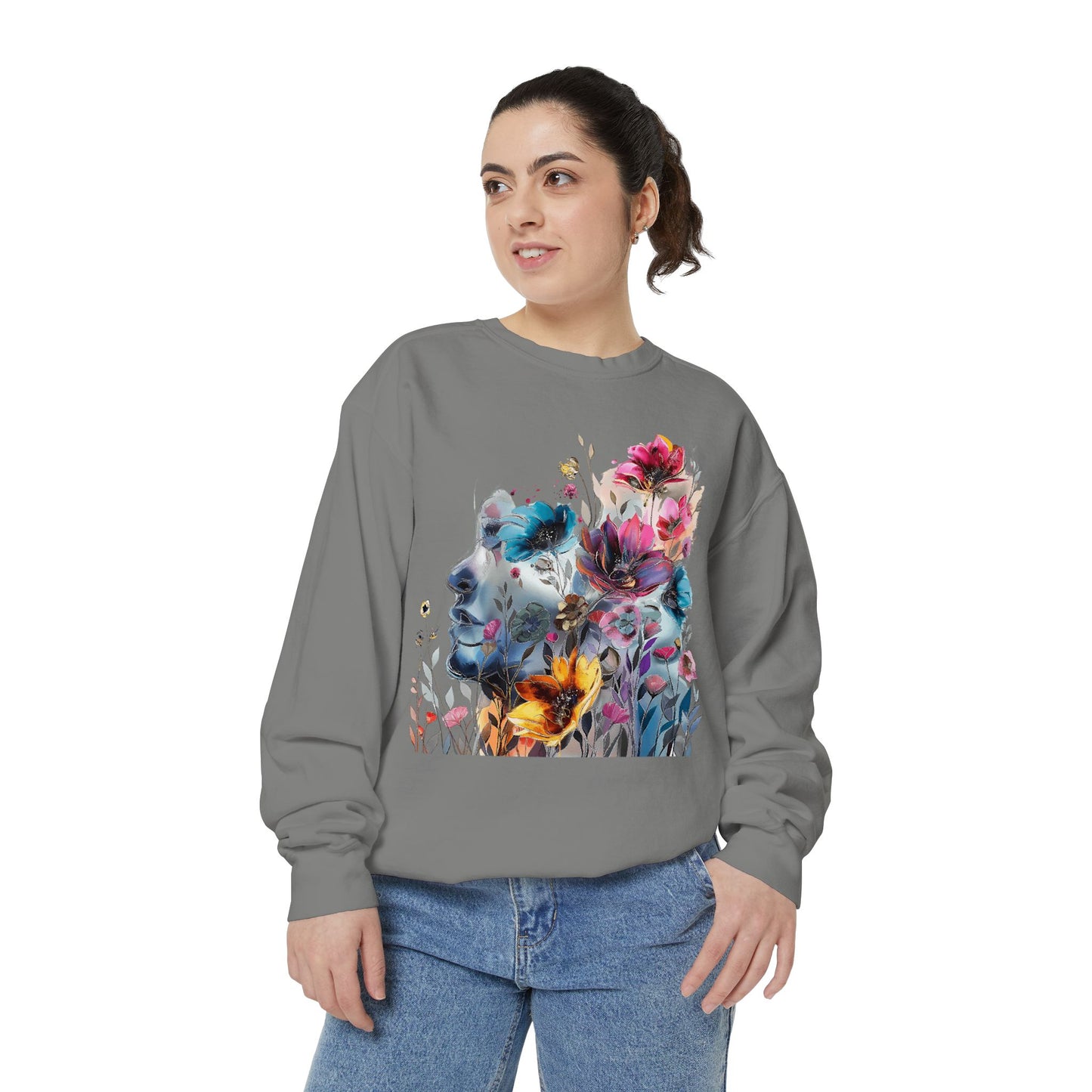 Floral Watercolor Garment-Dyed Sweatshirt - Women's Artistic Sweatshirt