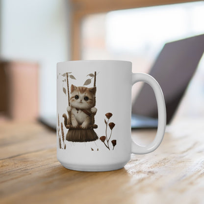 Ceramic Mug, Lovely and Playful Cat on Broomstick, (11oz, 15oz)