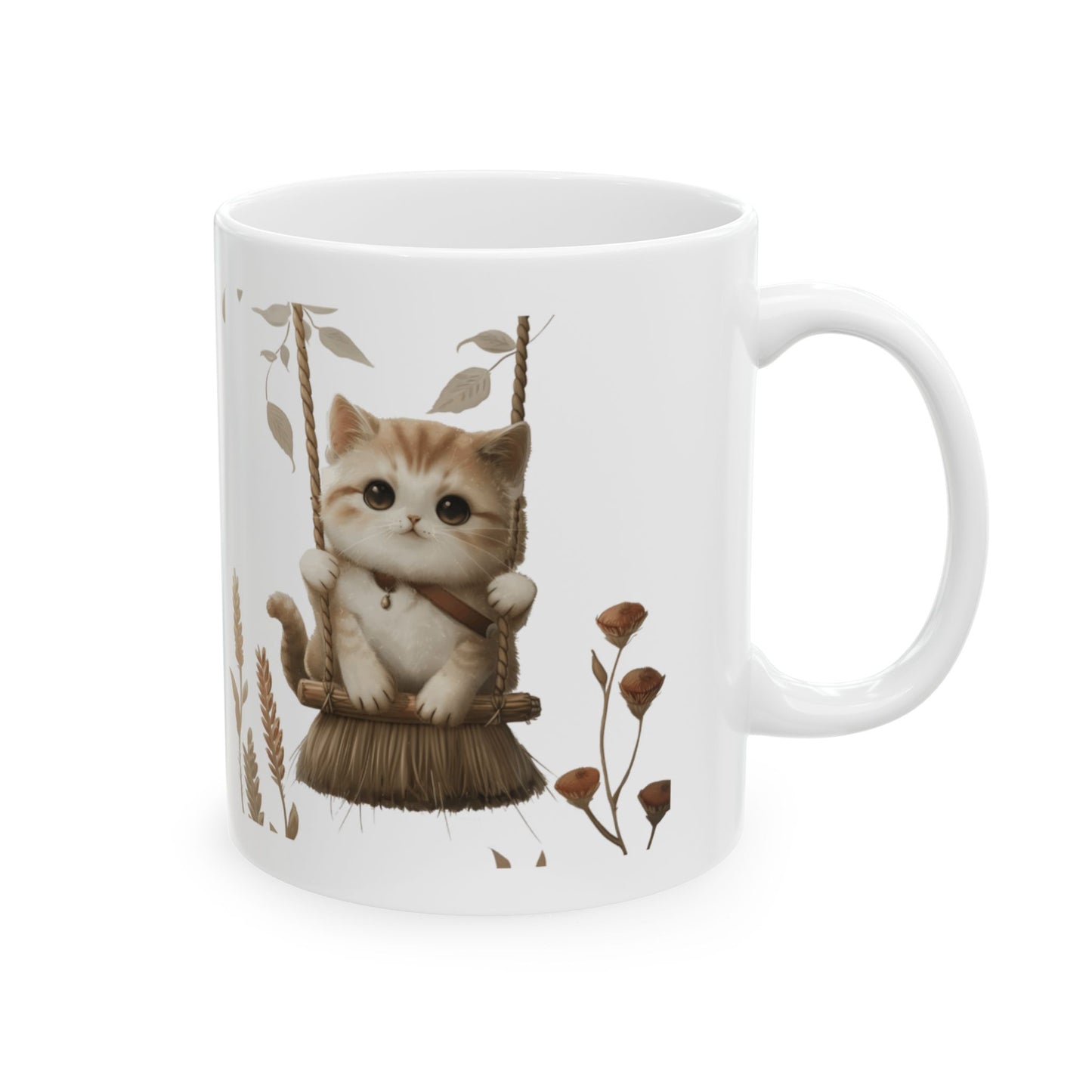 Ceramic Mug, Lovely and Playful Cat on Broomstick, (11oz, 15oz)