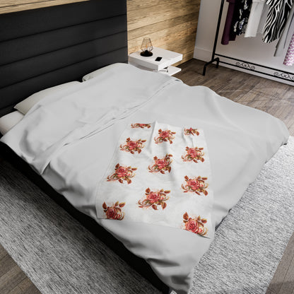 Velveteen Plush Blanket with beautiful grid design of pink roses surrounded by swirling leaves - Paraw