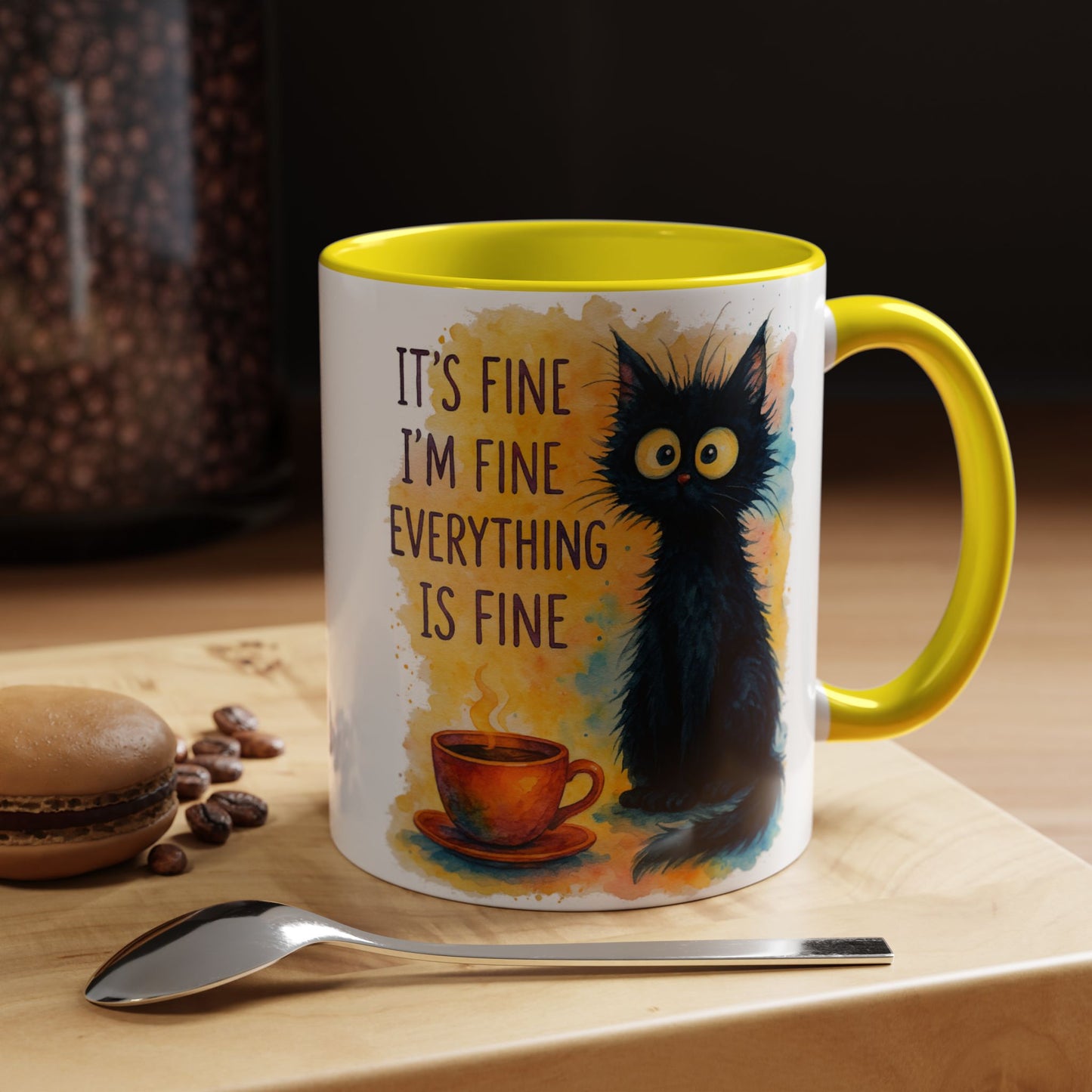 Whimsical Cat Accent Coffee Mug - 'It's Fine, I'm Fine, Everything is Fine'