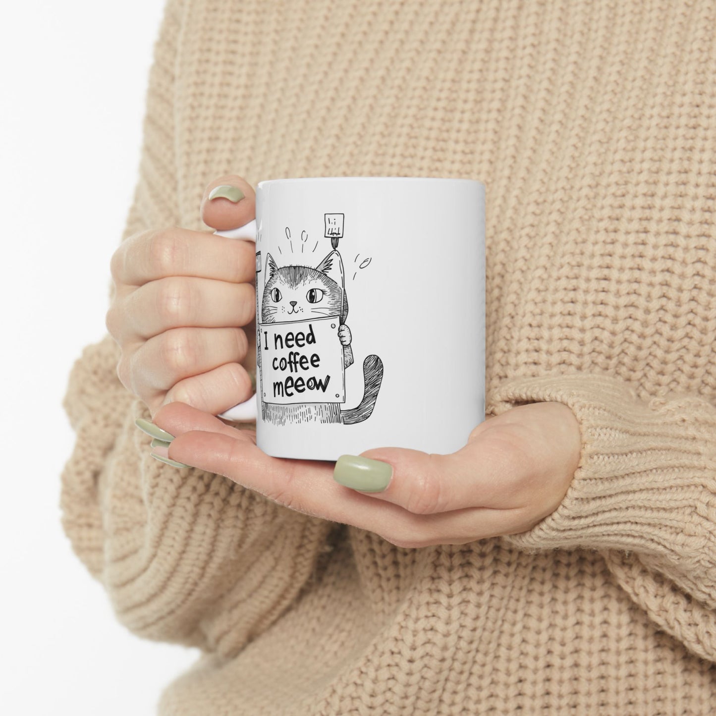 Ceramic Mug, (11oz, 15oz) - "I Need Coffee Meeow" Design with Cartoon Cat Mug