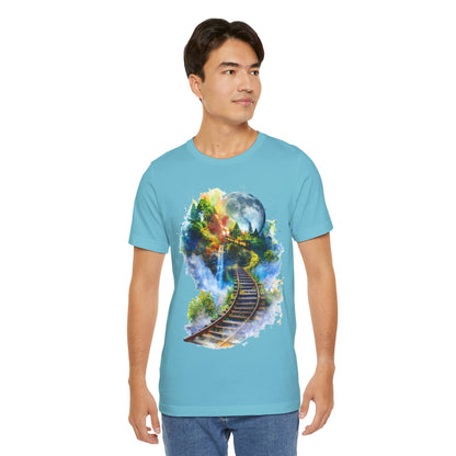 Unisex T-Shirt with 3D Watercolor Train Tracks and Enchanted Forest Design - Lightweight Fabric Tee