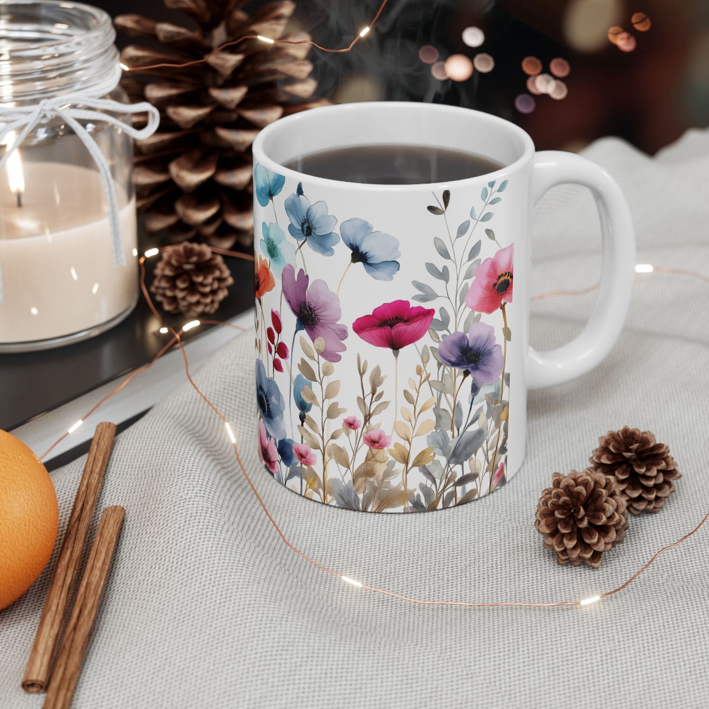 Ceramic Mug with beautiful watercolor flowers, (11oz, 15oz)