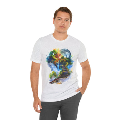 Unisex T-Shirt with 3D Watercolor Train Tracks and Enchanted Forest Design - Lightweight Fabric Tee