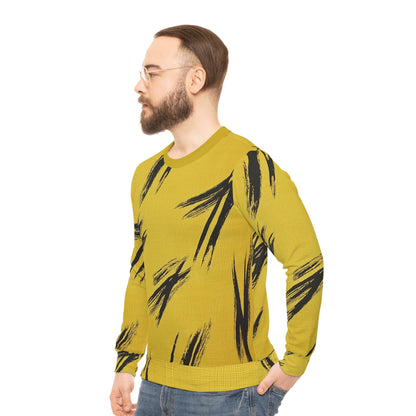 Lightweight Men's Sweatshirt - Men's Sweatshirt with Black Ink Lines Design on Yellow Fabric