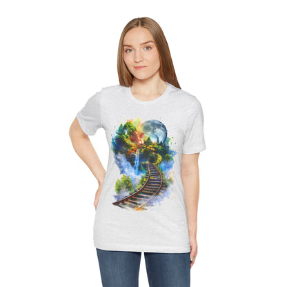 Unisex T-Shirt with 3D Watercolor Train Tracks and Enchanted Forest Design - Lightweight Fabric Tee